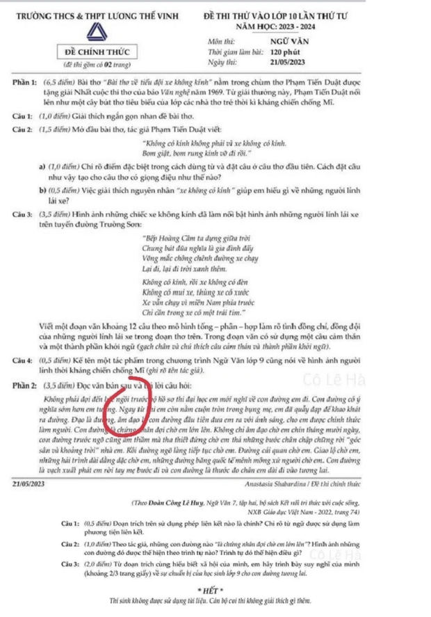 Xôn xao đề thi Văn có ngôn từ nhạy cảm: Trường Lương Thế Vinh nói gì? - Ảnh 1.