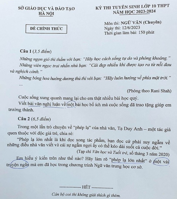 Đề thi chuyên Văn lớp 10 Hà Nội - Ảnh 1.