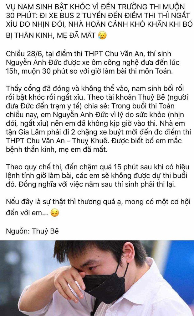 Sự thật vụ nam sinh mồ côi mẹ, ngất xỉu trên đường đi thi Toán ở Hà Nội - Ảnh 1.