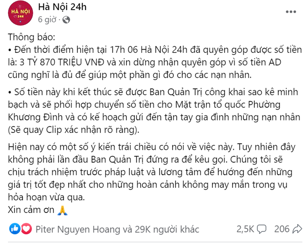 Đại diện fanpage Hà Nội 24h nói về số tiền quyên góp 4 tỷ đồng cho nạn nhân vụ cháy, giải thích vì sao dùng địa chỉ ảo - Ảnh 3.