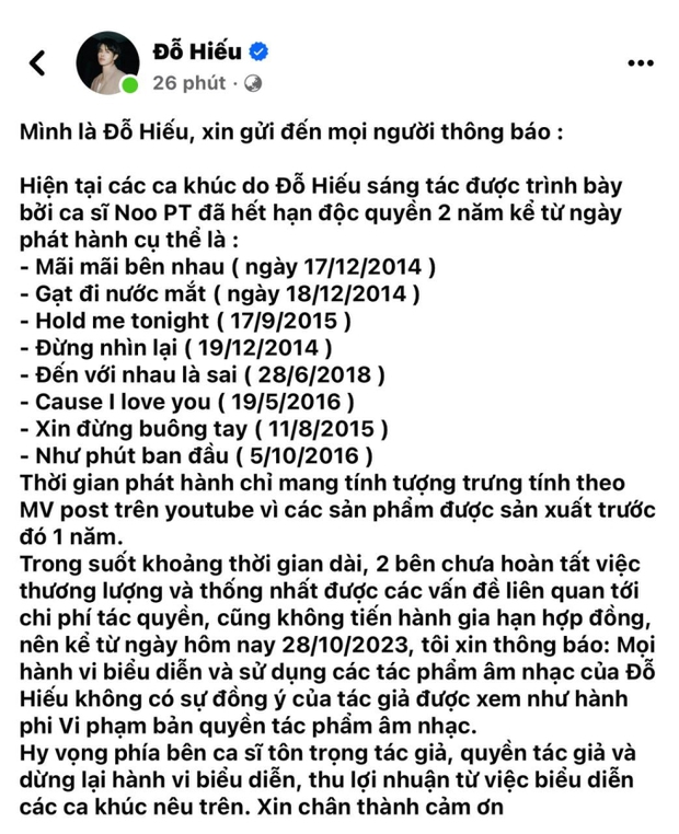 Hàng loạt hit của Noo Phước Thịnh đã hết hạn bản quyền, NS Đỗ Hiếu yêu cầu nam ca sĩ không được trình diễn nữa - Ảnh 3.