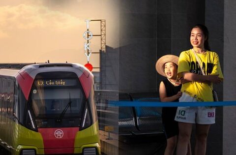 Xiêu lòng khoảnh khắc ánh hoàng hôn phủ vàng lên tuyến tàu Metro Nhổn – ga Hà Nội trong ngày đầu đón khách