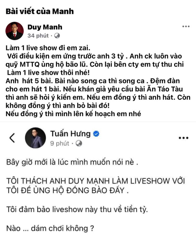 Tuấn Hưng thách làm liveshow để ủng hộ đồng bào lũ lụt và lời hồi đáp 