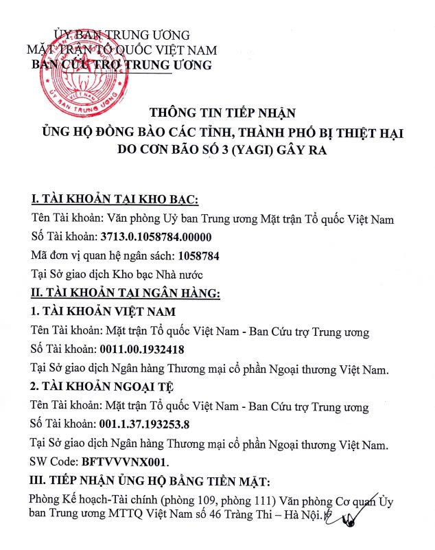 Thông tin tiếp nhận ủng hộ đồng bào các tỉnh, thành phố bị thiệt hại do bão số 3 (Yagi) gây ra- Ảnh 1.