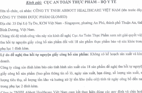 Lý do Abbott Healthcare Việt Nam chủ động thu hồi công bố sản phẩm