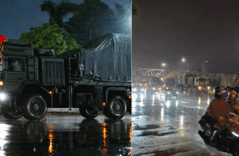 Dàn khí tài tham gia diễu binh, diễu hành di chuyển về trung tâm Hà Nội trong đêm mưa