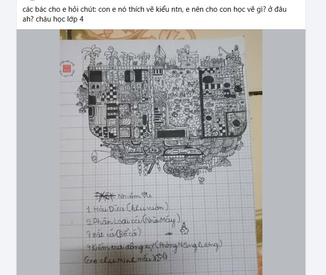 Khoe bức tranh con trai học lớp 4 vẽ lên mạng, bà mẹ Hà Nội khiến mọi người kinh ngạc: 
