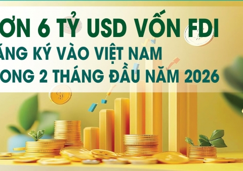 Infographics: 2 tháng đầu năm 2026, vốn đầu tư nước ngoài đăng ký vào Việt Nam đạt 6,03 tỷ USD