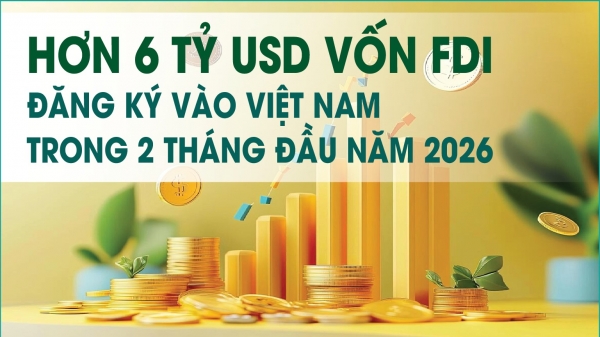 Infographics: 2 tháng đầu năm 2026, vốn đầu tư nước ngoài đăng ký vào Việt Nam đạt 6,03 tỷ USD