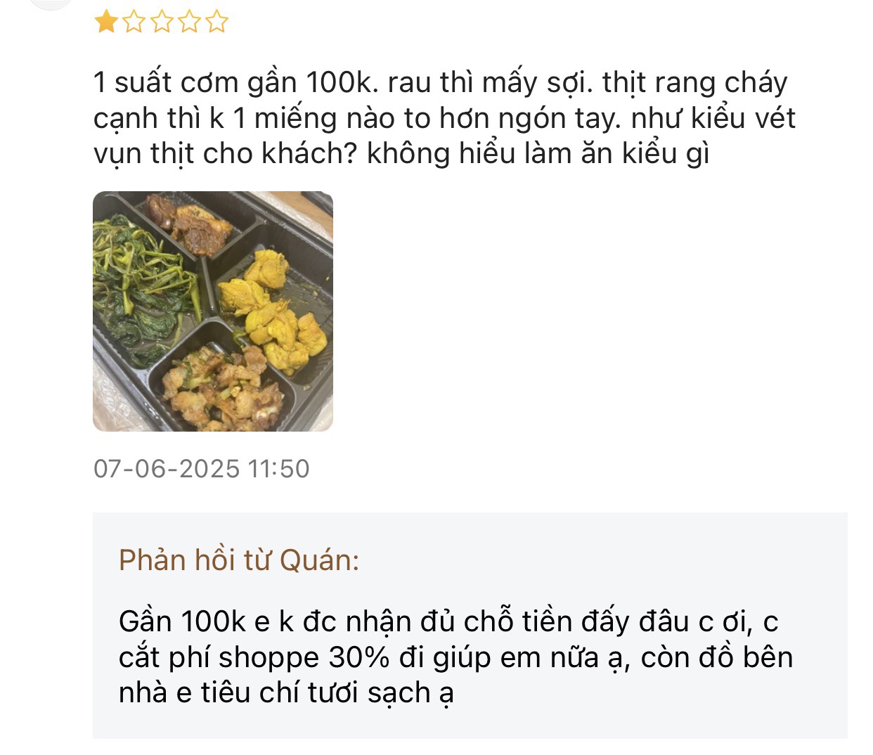 Tranh cãi suất cơm 60k nhận về vài miếng vụn, chủ quán đáp trả: 