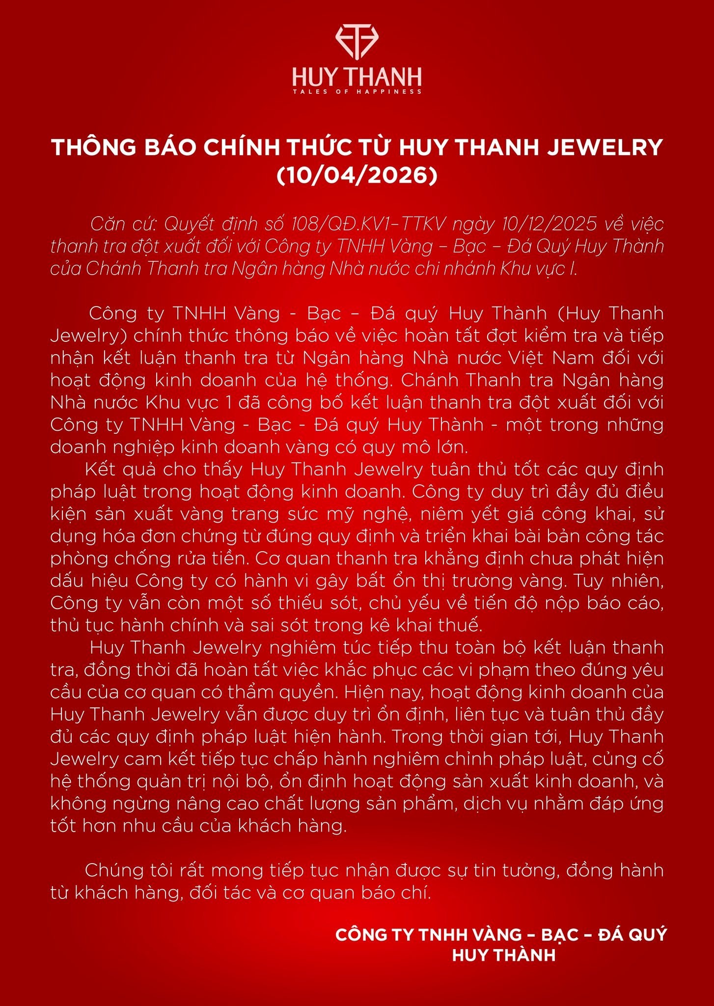 Huy Thanh Jewelry lên tiếng về kết luận thanh tra- Ảnh 1.