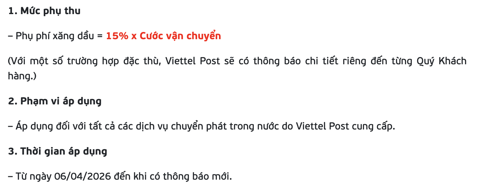 Viettel Post thông báo tăng phụ phí xăng dầu từ 6/4, mức cụ thể ra sao?- Ảnh 1. Viettel Post thông báo tăng phụ phí xăng dầu từ 6/4, mức cụ thể ra sao?- Ảnh 1.