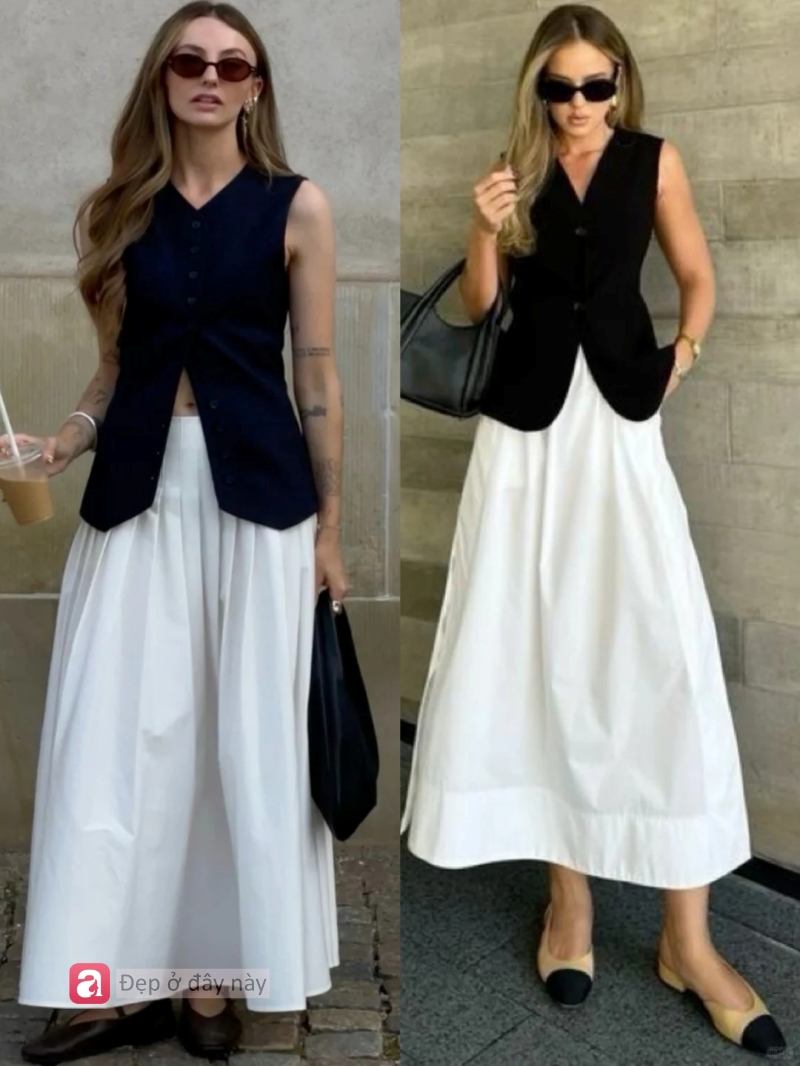 Không cần đồ đắt tiền vẫn toát lên khí chất “old money”: Chỉ cần áo gile đen + váy trắng là đủ - Ảnh 2.