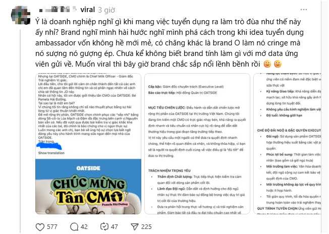 Hãng sữa Oatside Việt Nam bị chỉ trích khi đăng tuyển CMO hút 100 ứng viên, cuối cùng công bố 