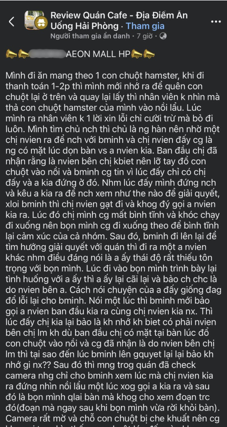 Khách phản ánh sự cố hy hữu “bị nhân viên cho chuột hamster vào nồi lẩu”, nhà hàng ở Aeon Mall Hải Phòng nói gì?- Ảnh 1.