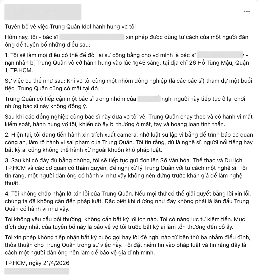 Trung Quân Idol nhắn tin xin lỗi vụ hành hung nhưng bị từ chối, chồng - Ảnh 1.