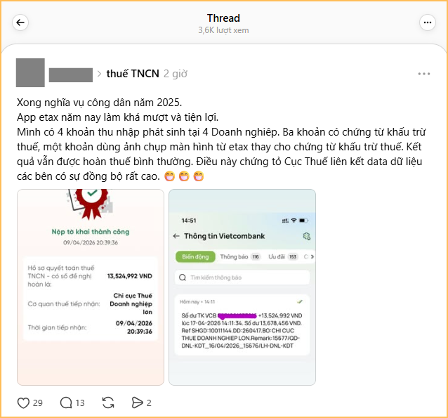 Xem người ta khoe tiền hoàn thuế TNCN này: Ít thì 10-13 triệu, có người được tận 36 triệu- Ảnh 1.