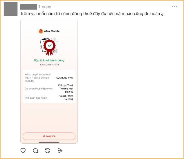Xem người ta khoe tiền hoàn thuế TNCN này: Ít thì 10-13 triệu, có người được tận 36 triệu- Ảnh 2.