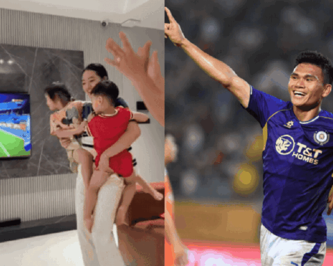 Vợ Xuân Mạnh bế hai con ăn mừng cuồng nhiệt khi chồng ghi bàn cho Hà Nội FC: Hậu phương mạnh cỡ này!