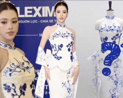 Hoa hậu Tiểu Vy hứng chỉ trích vì bộ váy hoạ tiết gốm xanh bị đánh giá “giống sườn xám Trung Quốc”
