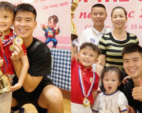 Duy Mạnh tự hào khoe cậu quý tử vô địch môn bóng rổ, cả nhà đến ăn mừng, nhan sắc tiểu thư Quỳnh Anh gây chú ý