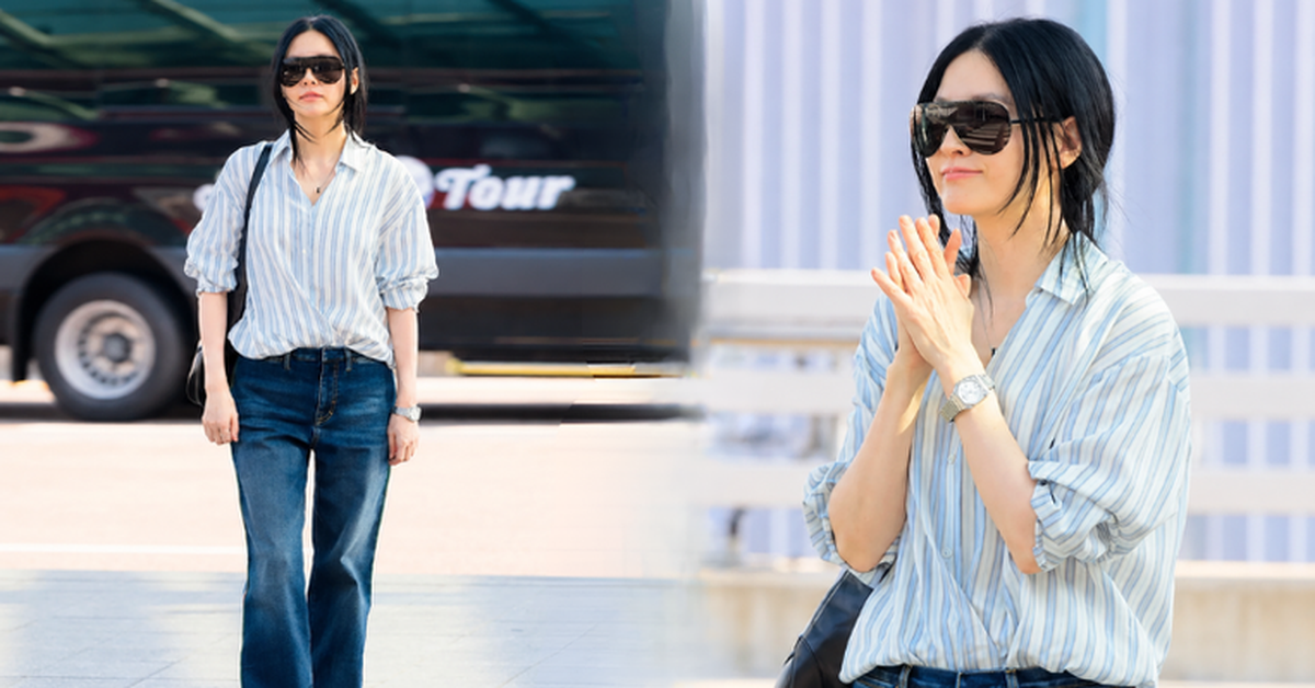 Lee Young Ae làm bùng nổ phong cách “thảnh thơi” kiểu mới: Sơ mi kẻ sọc + quần jeans + tóc đuôi ngựa thấp, vừa sang vừa trẻ ra cả chục tuổi
