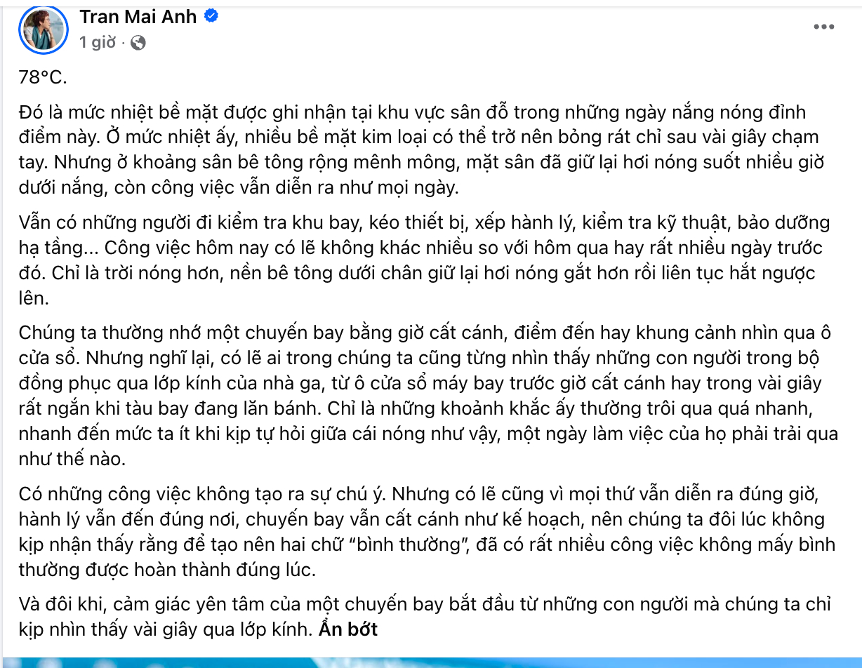 Chia sẻ của nhà báo Trần Mai Anh về những người làm việc giữa cái nóng 78°C ở Nội Bài gây xúc động MXH- Ảnh 1.