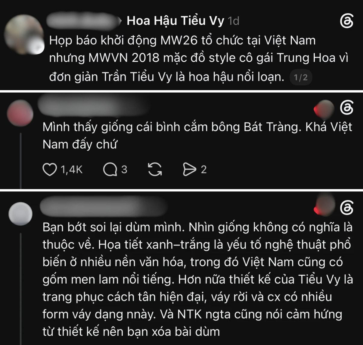 Hoa hậu Tiểu Vy hứng chỉ trích vì bộ váy hoạ tiết gốm xanh bị đánh giá "giống sườn xám Trung Quốc"- Ảnh 4.