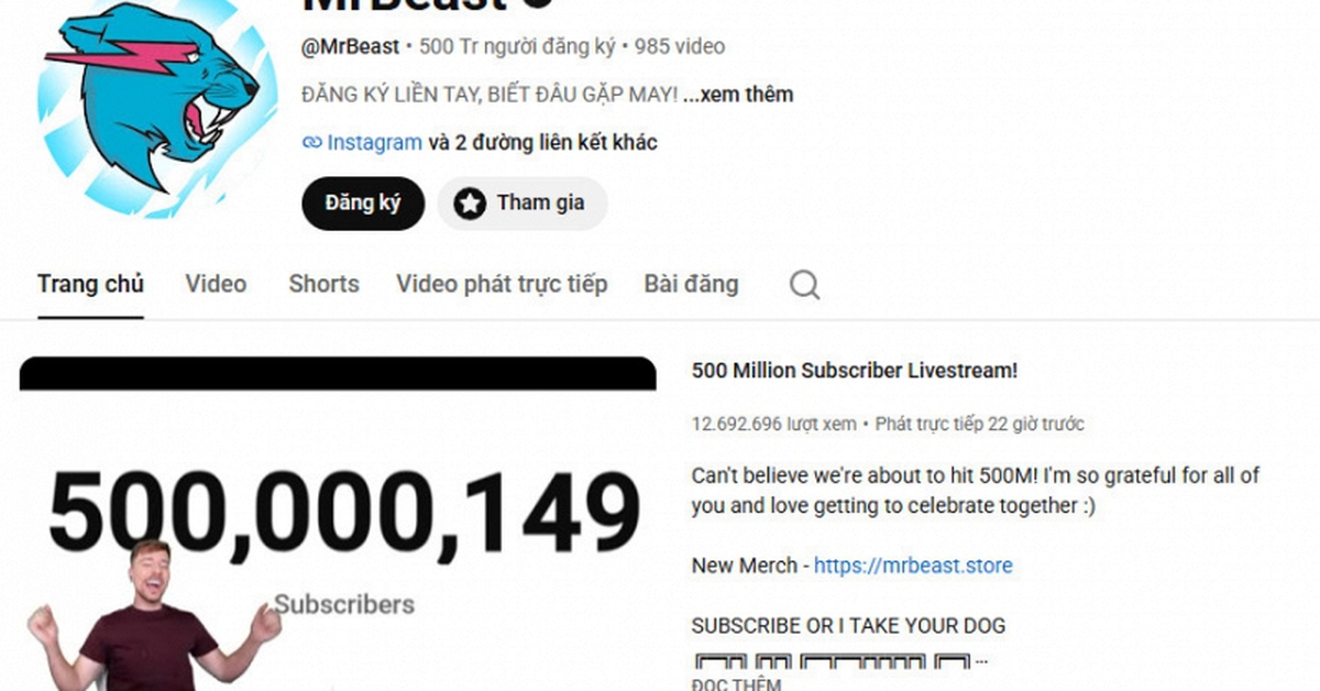 MrBeast cán mốc 500 triệu người đăng ký, lập kỷ lục chưa từng có trên YouTube