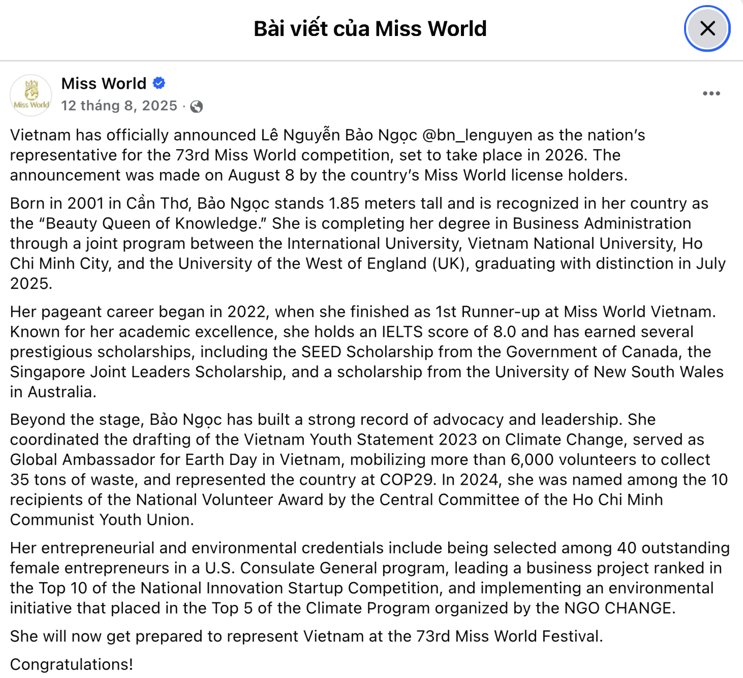 Xôn xao tin đồn về động thái của Miss World giữa ồn ào Bảo Ngọc 