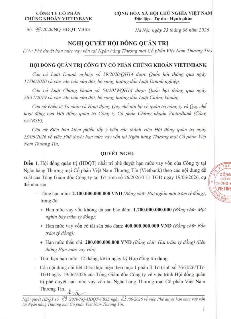 Chứng khoán VietinBank duyệt phương án vay Vietbank 2.100 tỷ đồng- Ảnh 1.