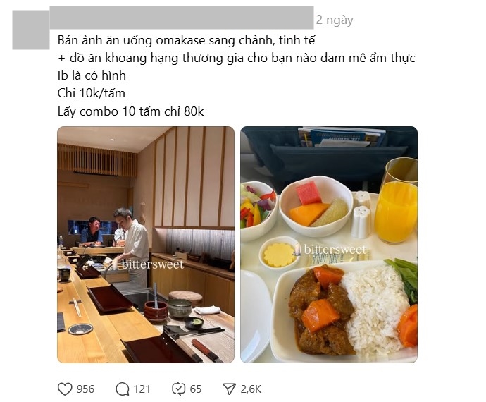 Ảnh ăn omakase, đi Park Hyatt Saigon, ngồi máy bay khoang thương gia được rao bán khắp Threads: Nhiều người chi 10k/tấm để up story 