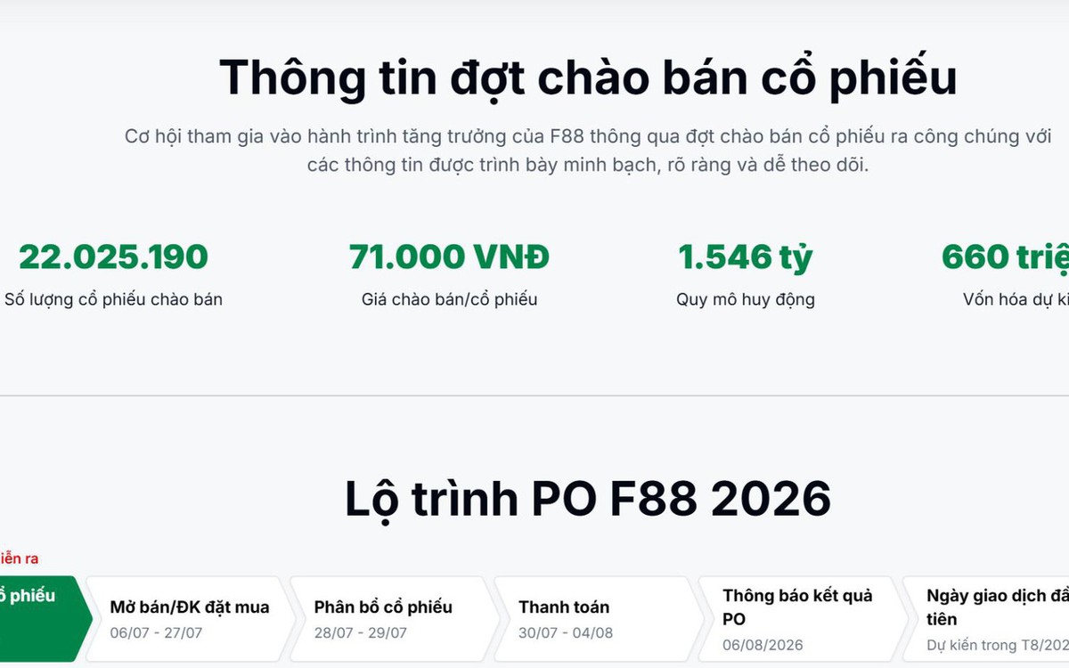 F88 mở đăng ký mua cổ phiếu PO từ ngày 06/07/2026