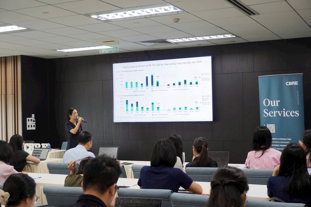 Bà Nguyễn Hoài An, Giám đốc Cấp cao CBRE Hà Nội chia sẻ tại buổi Họp báo.