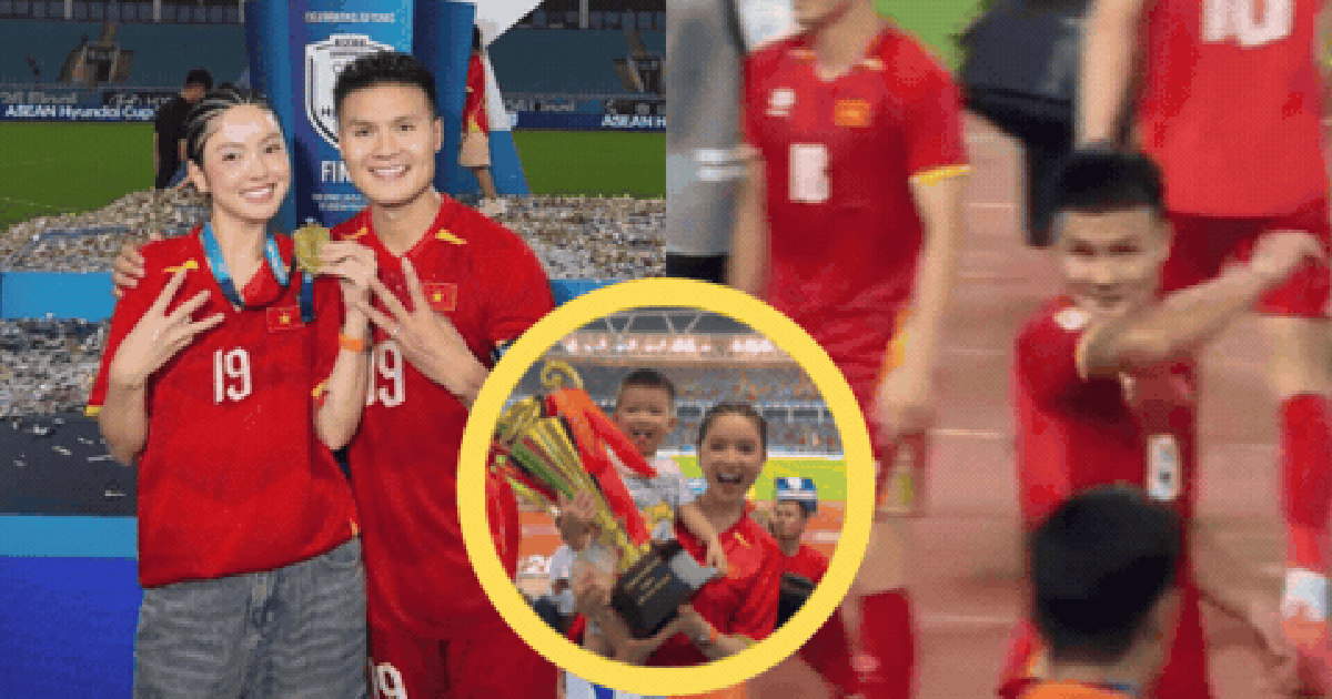 Quang Hải cười hớn hở, vẫy tay rối rít khi tìm thấy vợ trên khán đài, đeo huy chương vô địch ASEAN Cup cho bà xã xinh đẹp Chu Thanh Huyền