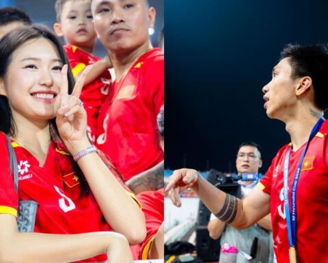 Doãn Hải My khoe visual sáng bừng, Văn Hậu hôn gió rồi loay hoay tìm vợ xuống sân ăn mừng Việt Nam vô địch
