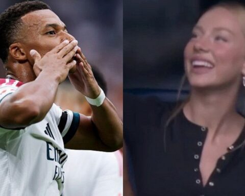 Mbappe vô-lê đẳng cấp rồi ăn mừng hướng về mỹ nhân Tây Ban Nha Ester Exposito đang nhảy lên reo hò trên khán đài