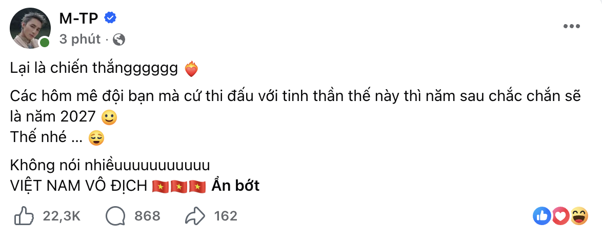Mỹ Tâm và cả showbiz ăn mừng ĐT Việt Nam vô địch Đông Nam Á, Hoà Minzy check-in SVĐ Mỹ Đình, Diệu Nhi hẹn