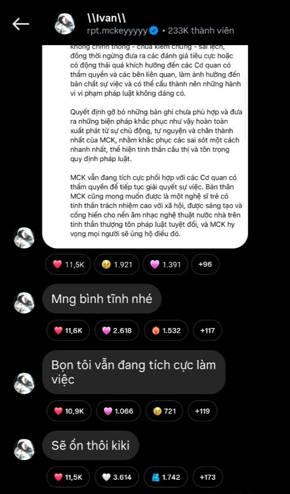 MCK lại lên tiếng: Khẳng định tự nguyện gỡ các bản ghi, yêu cầu fan bình tĩnh- Ảnh 2.