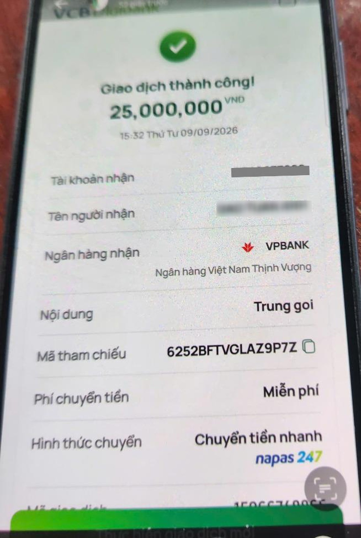Công an xác minh giao dịch chuyển 25.000.000 đồng đ với nội dung “Trung goi”