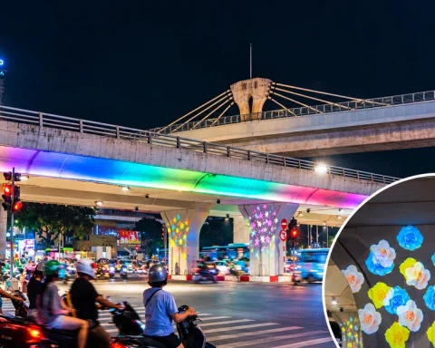 Cầu vượt Hà Nội khoác ‘áo hoa’ rực rỡ về đêm