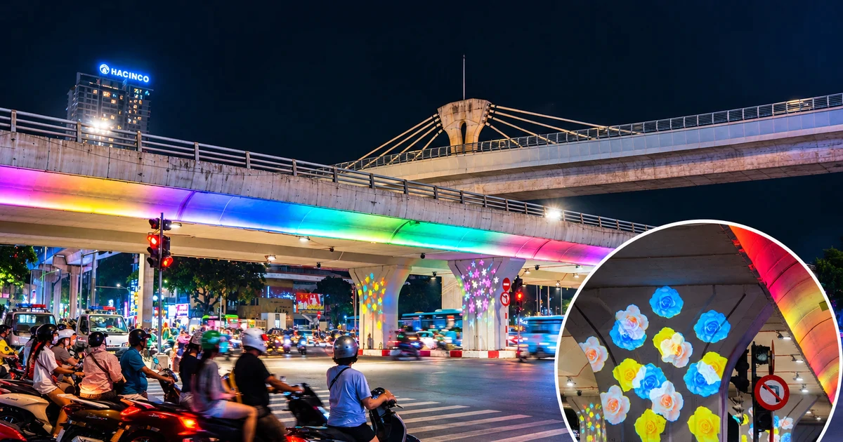 Cầu vượt Hà Nội khoác ‘áo hoa’ rực rỡ về đêm