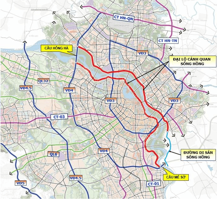 Trục đại lộ cảnh quan sông Hồng dự kiến dài 80km với 10 làn xe, kết nối 2 bên sông bằng 17 cây cầu- Ảnh 1.