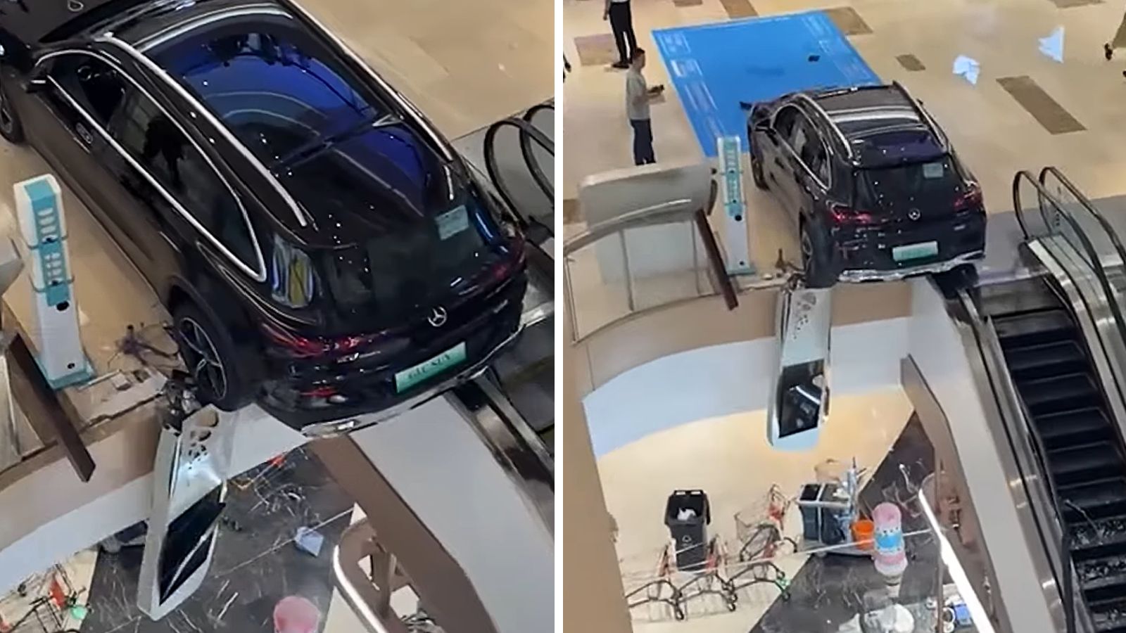 Nhầm chân ga, chiếc Mercedes lao xuyên lan can trung tâm thương mại, suýt rơi xuống tầng dưới- Ảnh 1.