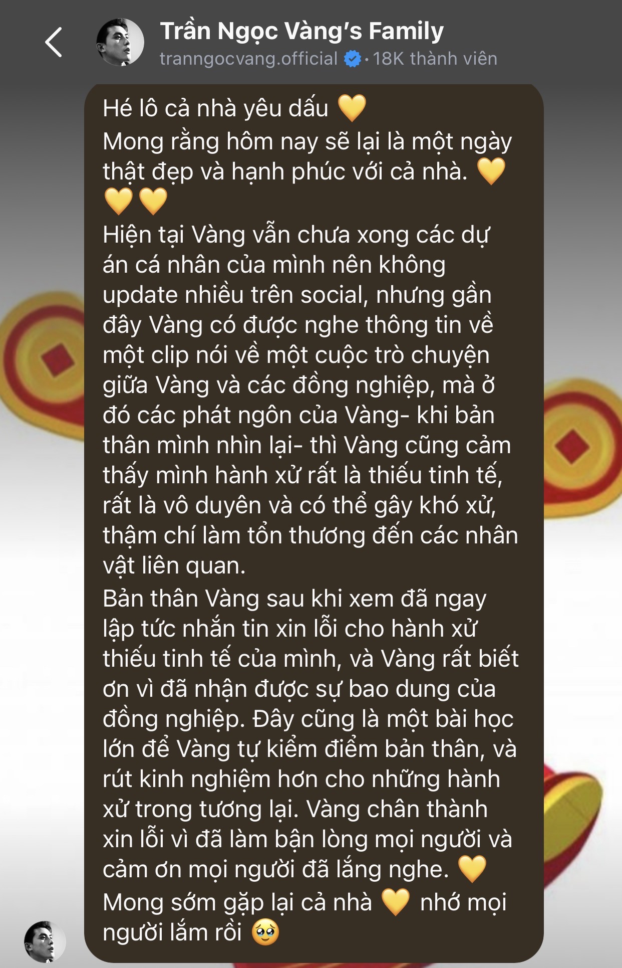 Trần Ngọc Vàng xin lỗi giữa loạt 