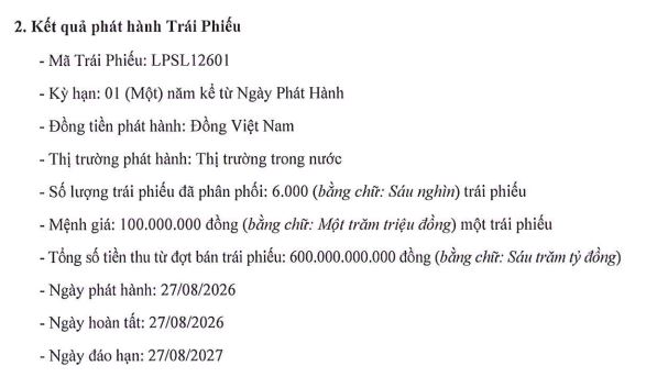 LPS phát hành lô trái phiếu 600 tỷ đồng- Ảnh 1. LPS phát hành lô trái phiếu 600 tỷ đồng- Ảnh 1.