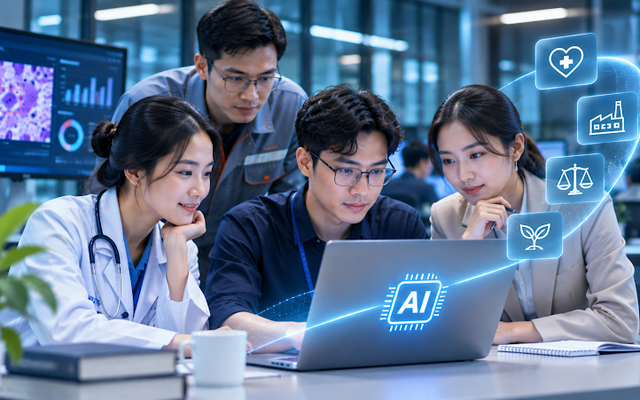 Nhu cầu ứng dụng AI ngày càng đa dạng mở ra cơ hội cho những người có chuyên môn trong các lĩnh vực như y tế, pháp lý, sản xuất tham gia phát triển các giải pháp AI phục vụ thực tiễn. Ảnh minh họa tạo bằng AI.    